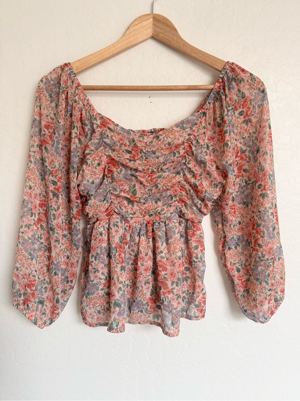 American Eagle Boho Smocked Semi Sheer Floral Long Sleeve Top